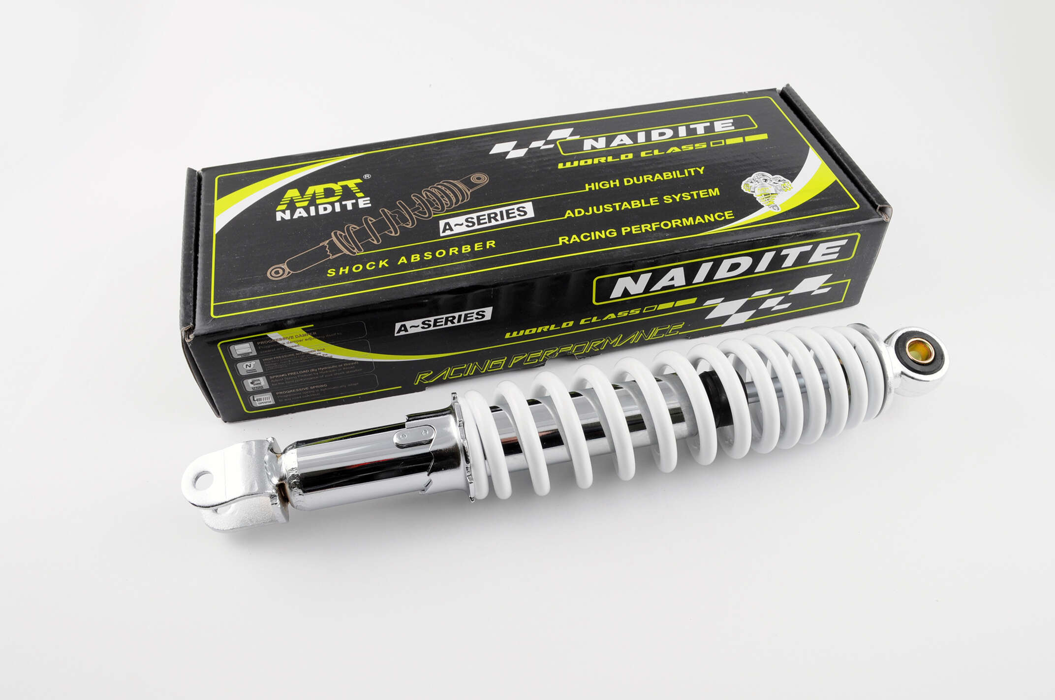 Амортизатор GY6, DIO ZX, LEAD 320mm, регулируемый (белый) NDT