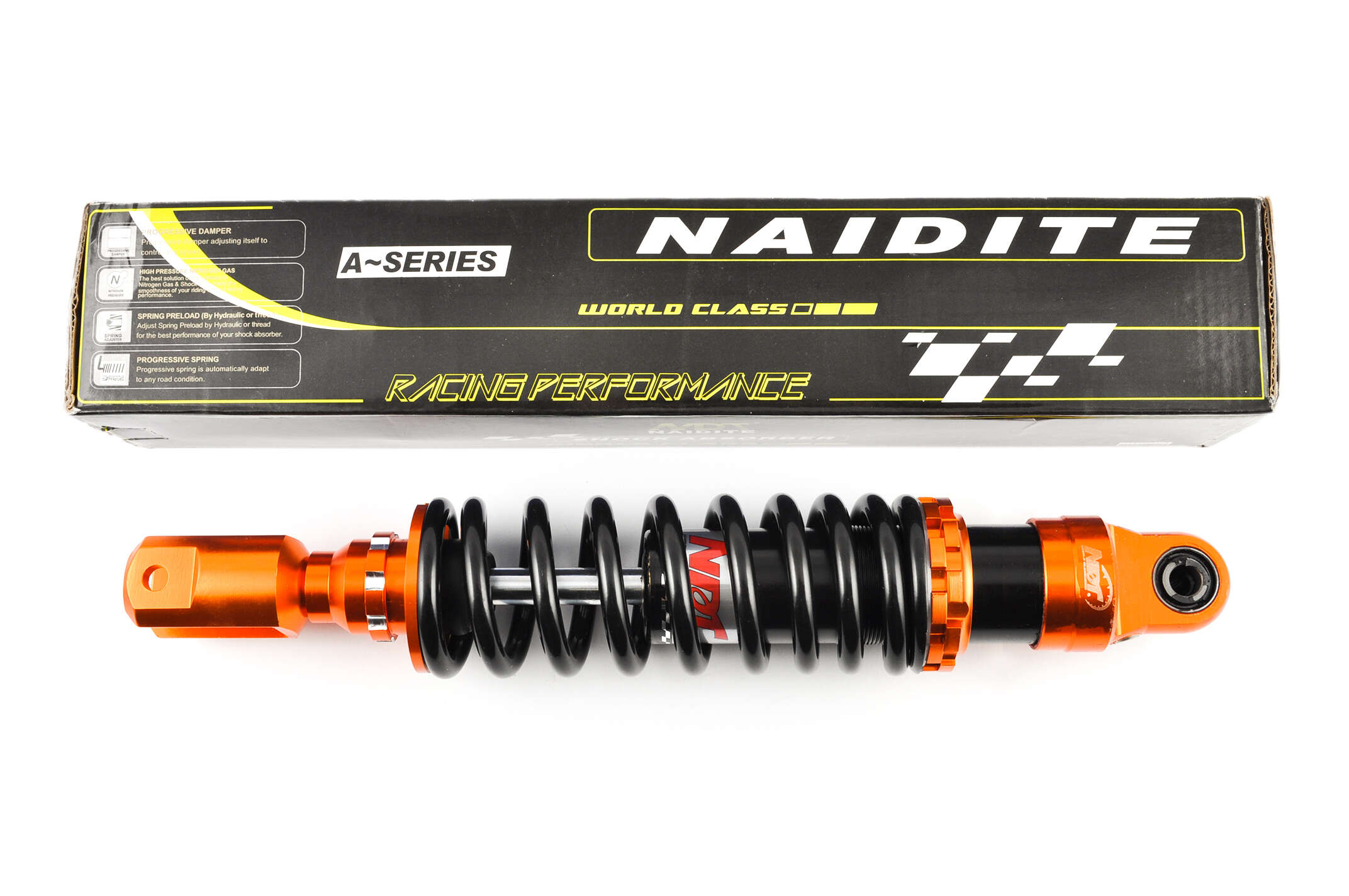 Амортизатор GY6 350mm, тюнинговый (оранжево-черный) NDT