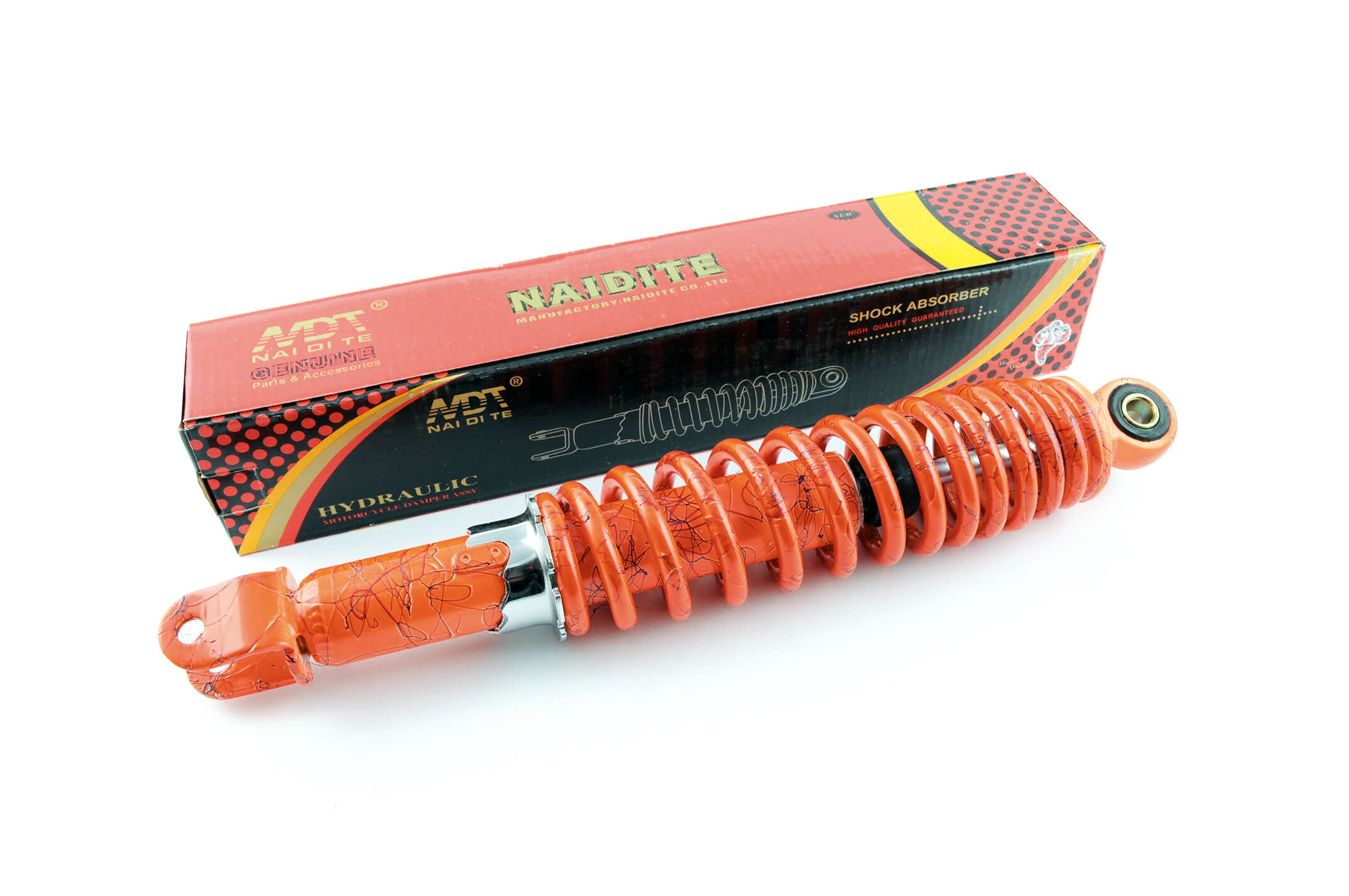 Амортизатор GY6, DIO ZX, LEAD 320mm, регулируемый (оранжевый +паутина) NDT