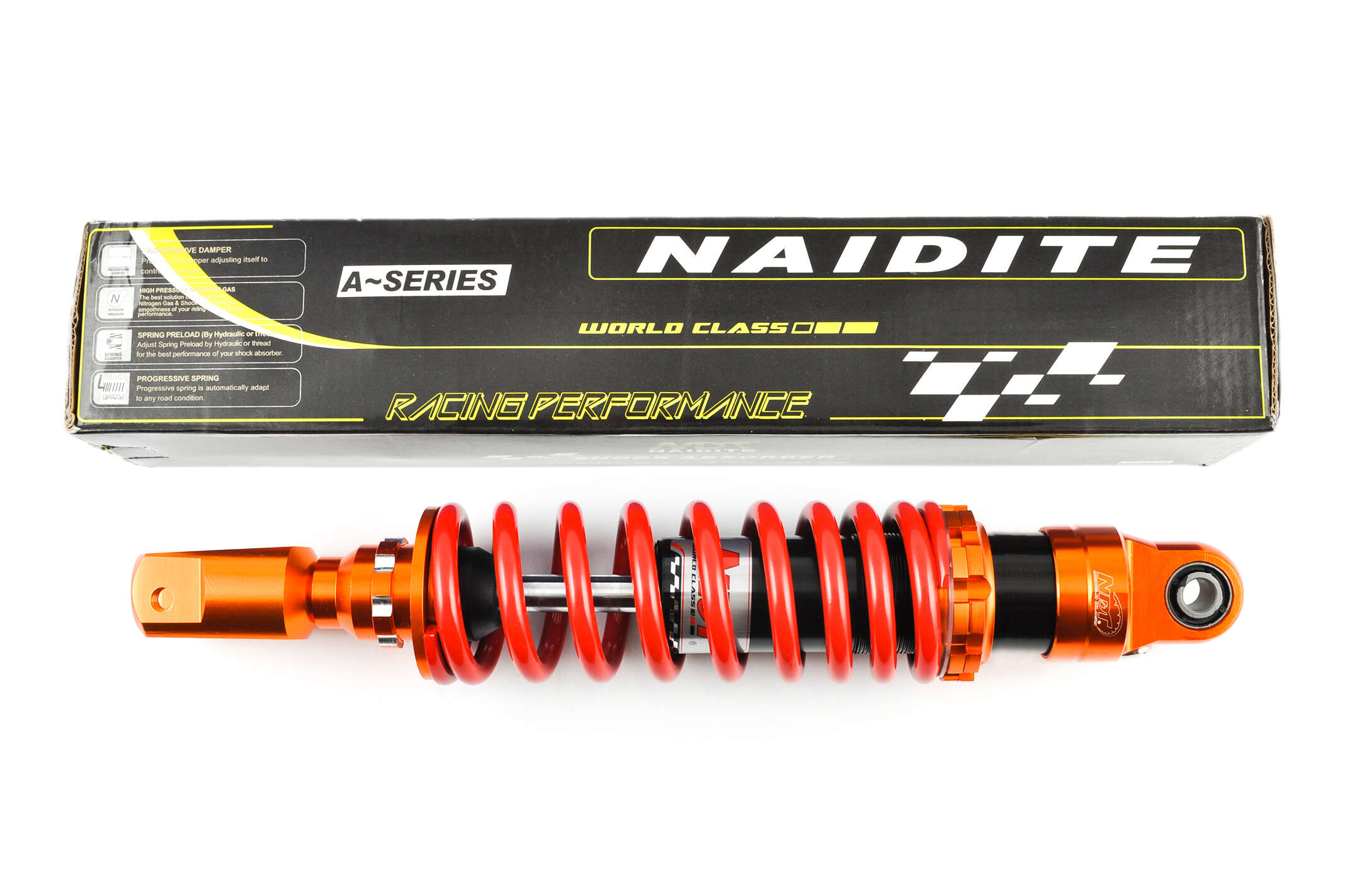 Амортизатор GY6 350mm, тюнинговый (оранжево-красный) NDT