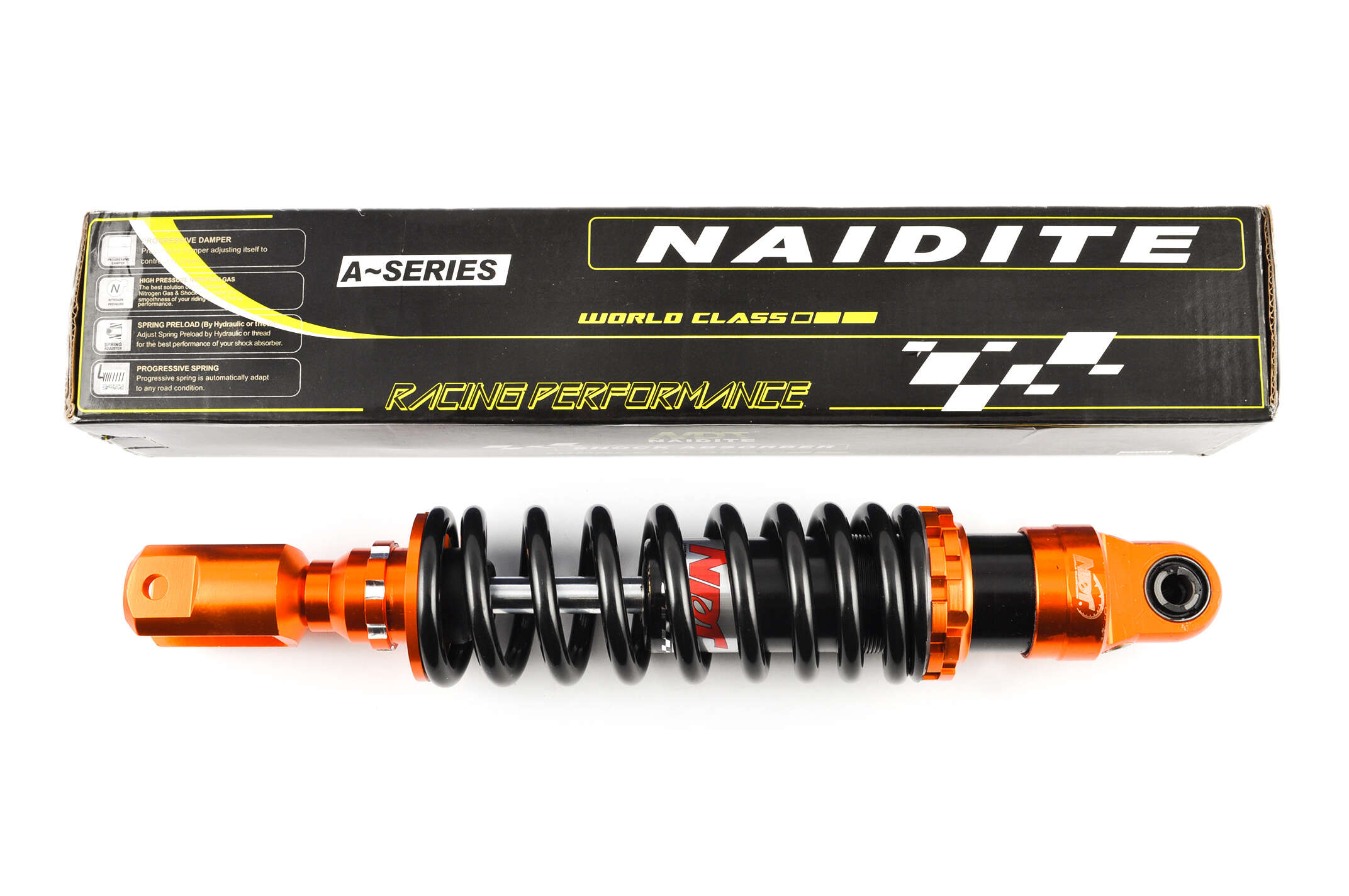 Амортизатор GY6 330mm, тюнинговый (оранжево-черный) NDT