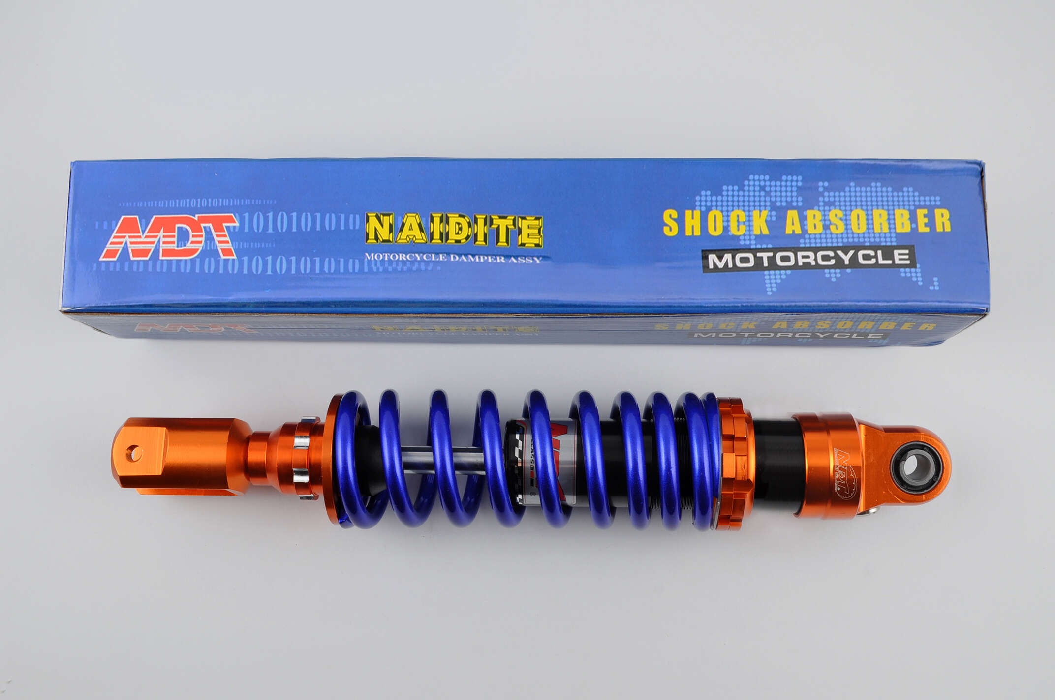 Амортизатор GY6, DIO ZX, LEAD 320mm, тюнинговый (оранжево-синий) NDT