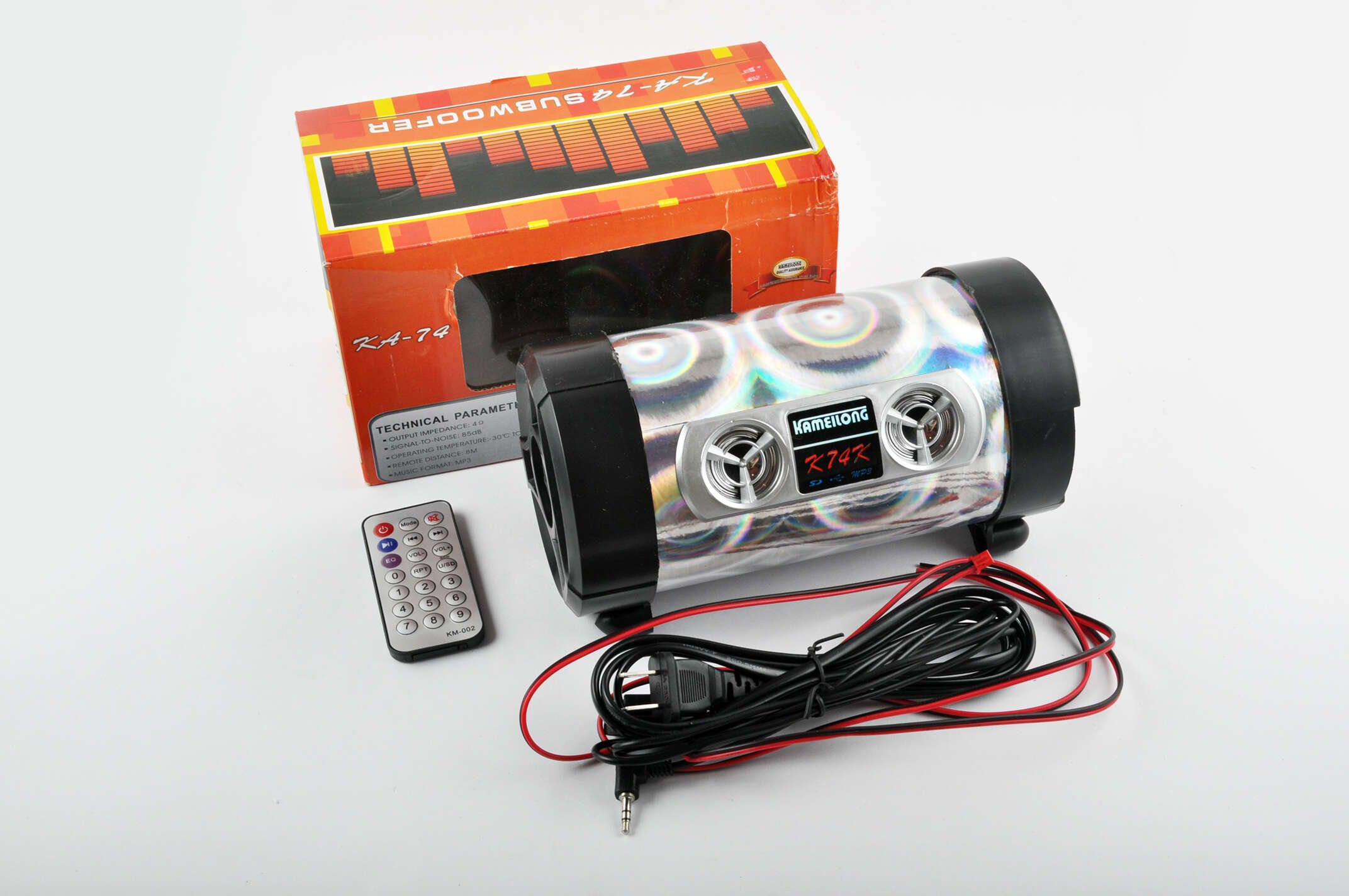 Сабвуфер KAMEILONG mod:KA-74-220FM (4, хамелеон серебро, 12V/220V, FM/MP3/MicroSD/USB/AUX, ПДУ)
