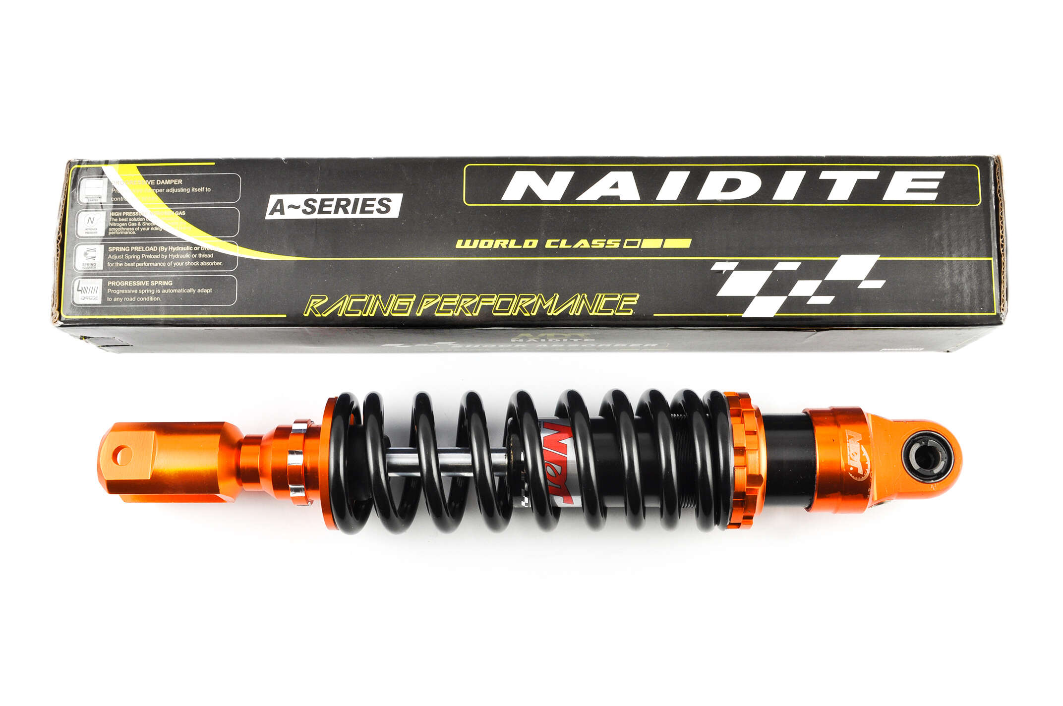 Амортизатор GY6, DIO ZX 310mm, тюнинговый (оранжево-черный) NDT
