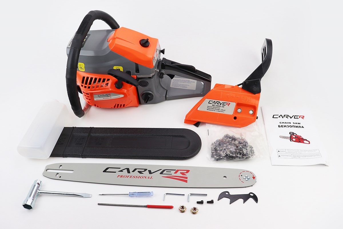 Бензопила Carver ML5800-30 58cc (3,5кВт, шина 18, цепь 325-1,5-72зв. круг. зуб) плавный пуск KS
