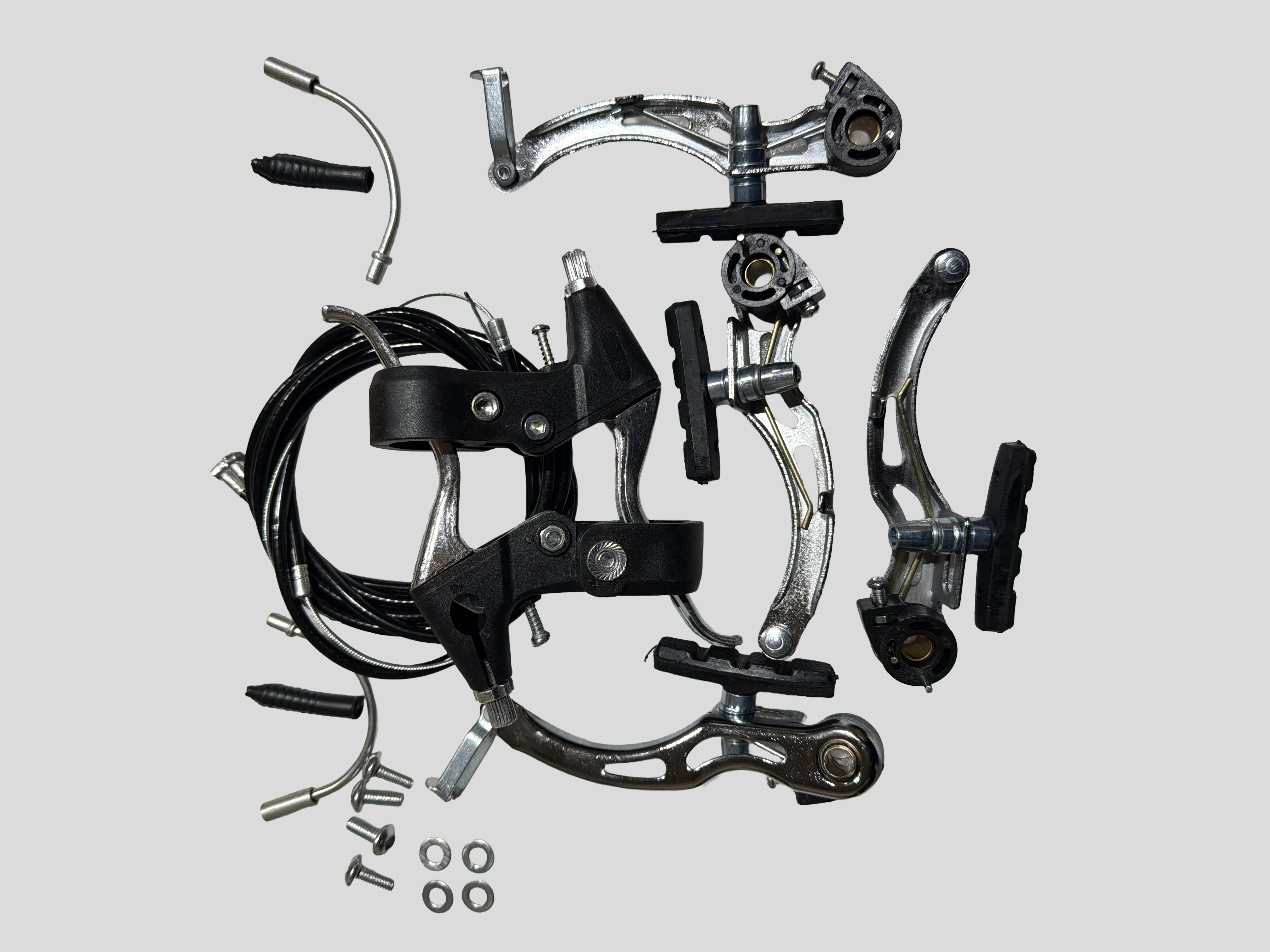 Тормоз велосипеда V-brake (хром) (комплект, перед + зад) (+тросы) OEM