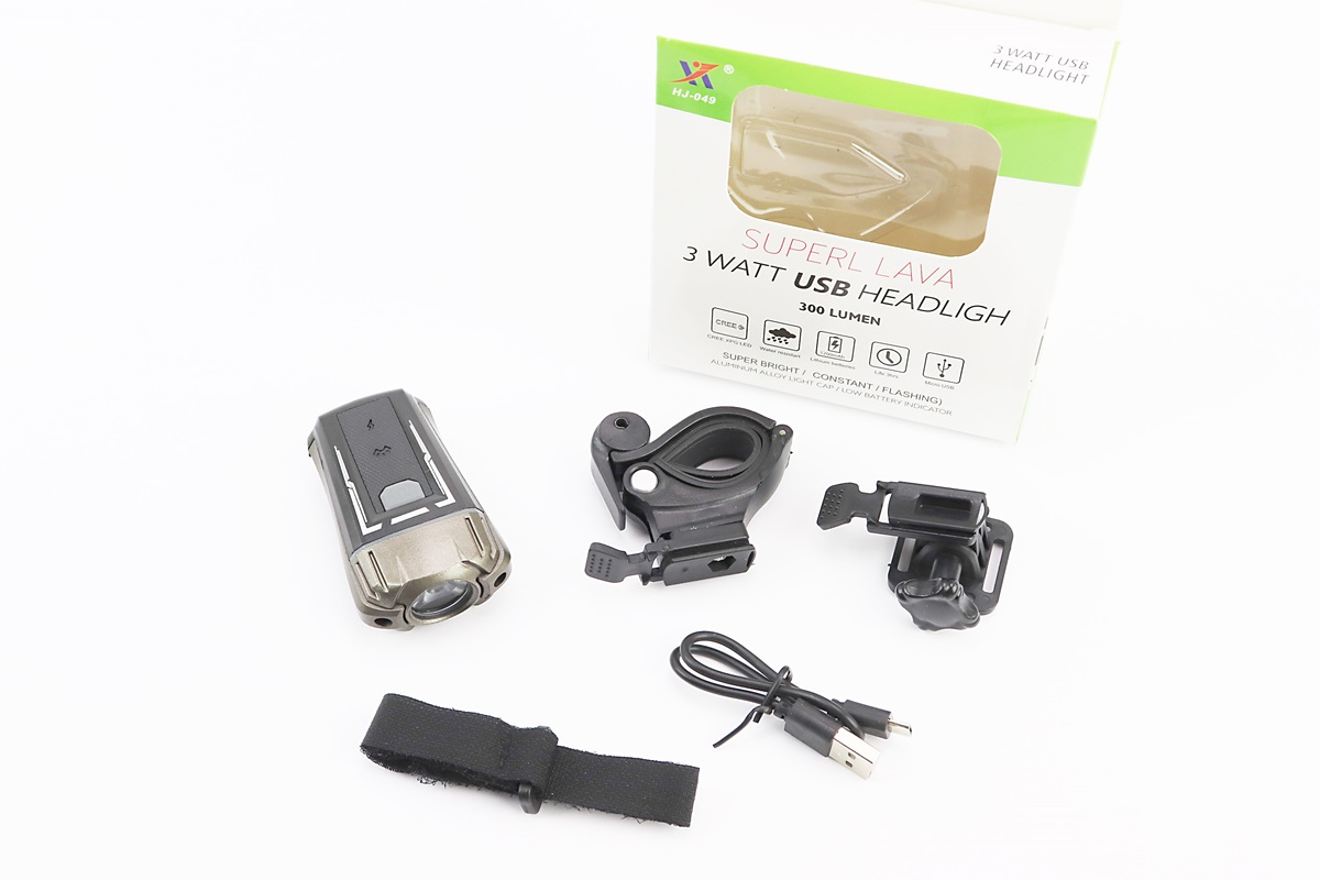 Фонарь передний (в сборе) велосипедный 1 диод 300 lumen, Li-ion 3.7V 1200mAh зарядка от USB, влагозащитный, чёрно-серый HJ-049 KS