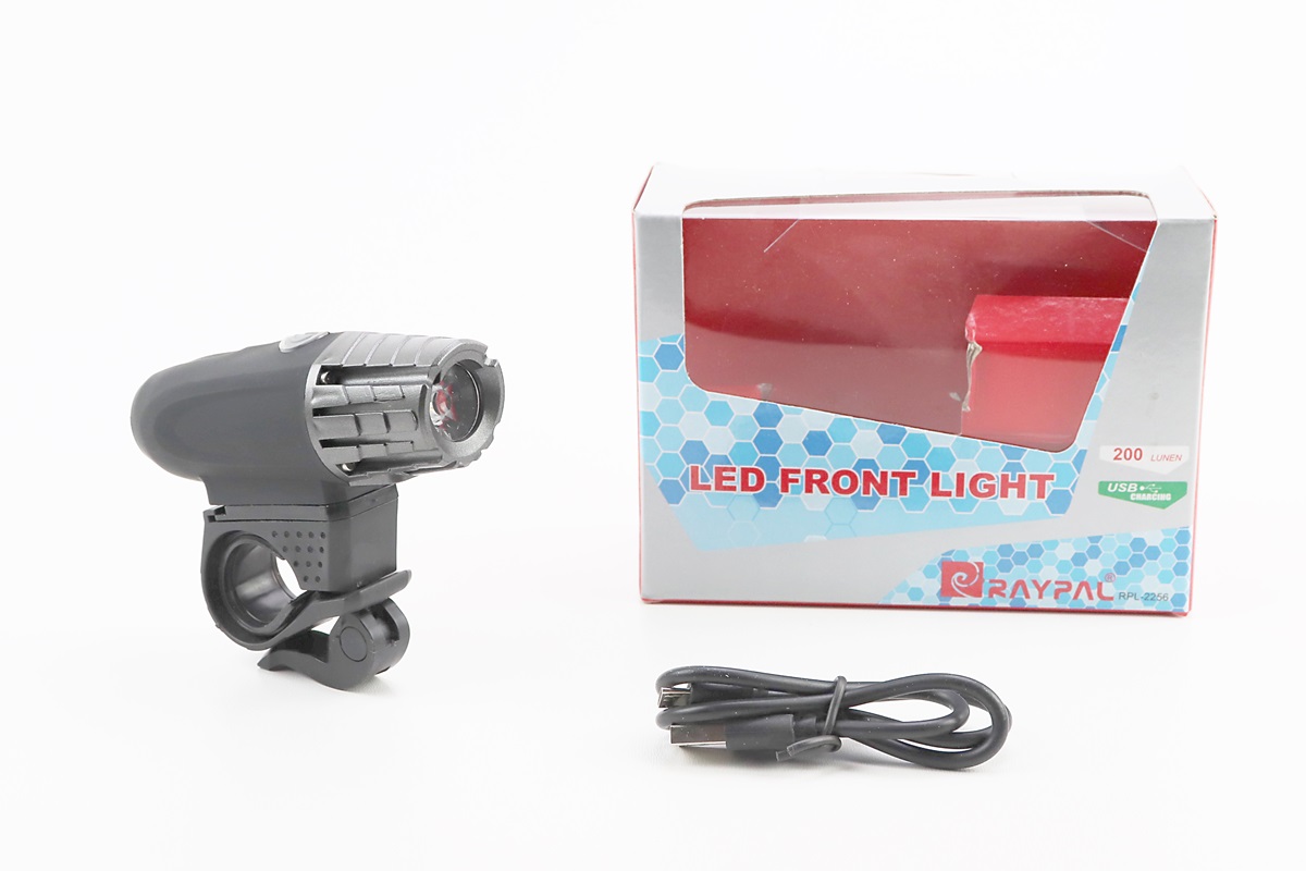 Фонарь передний (в сборе) велосипедный 1 диод 200 lumen, Li-ion 3.7V 1200mAh зарядка от USB, влагозащитный, чёрно-серый KS