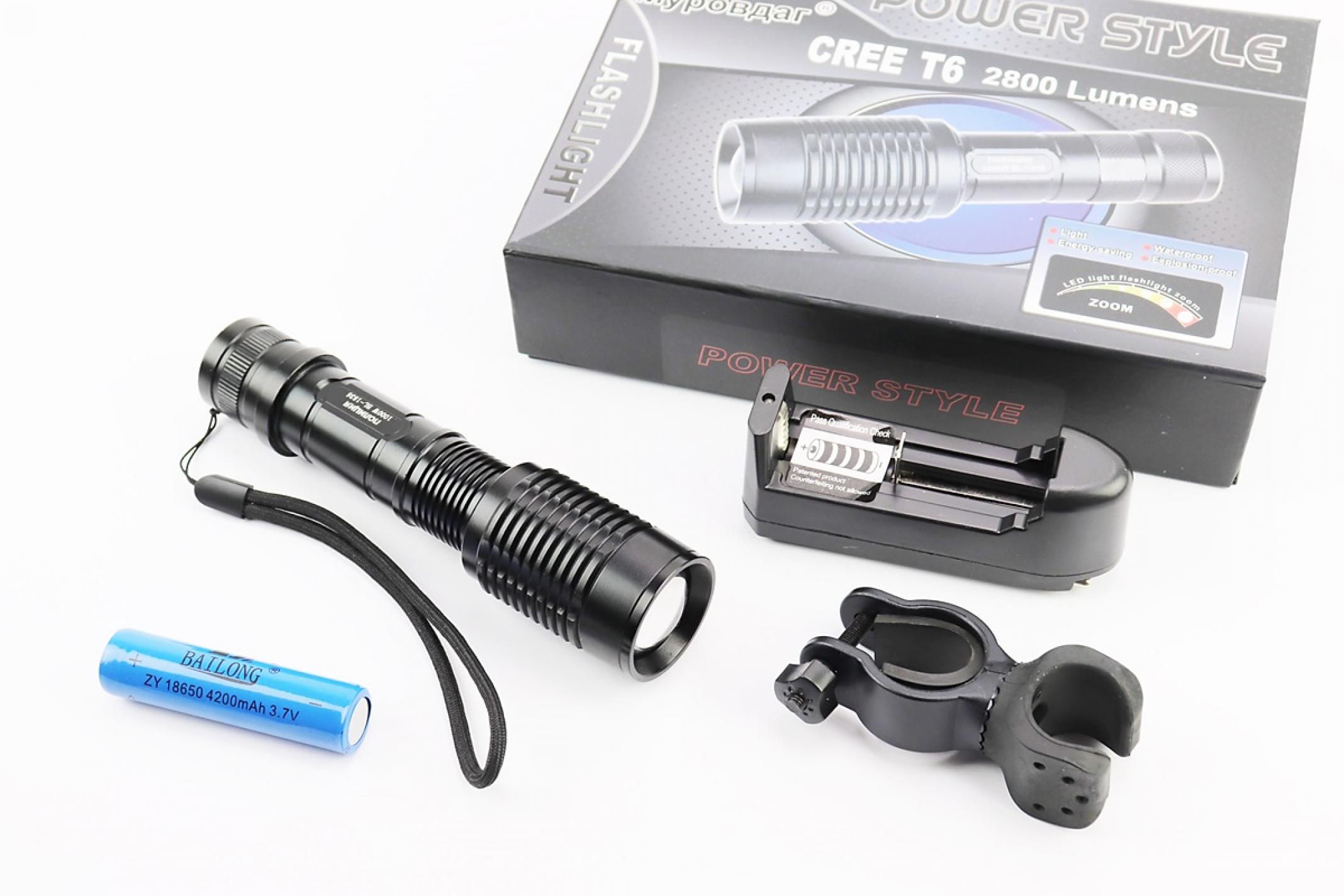 Фонарь передний (в сборе) велосипедный 1 диод 2800 lumen алюминиевый, Li-ion 3.7V 4200mAh с зарядкой, влагозащитный, чёрный BL-1836 KS