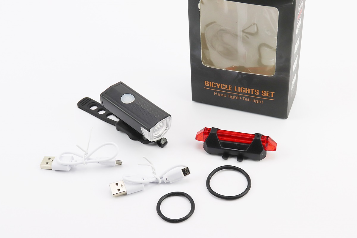 Фонарь передний (в сборе) велосипедный 300 lumen+задний 15 lumen, Li-ion 3.7V 330mAh зарядка от USB, влагозащитные к-кт, CYGM-2218 KS