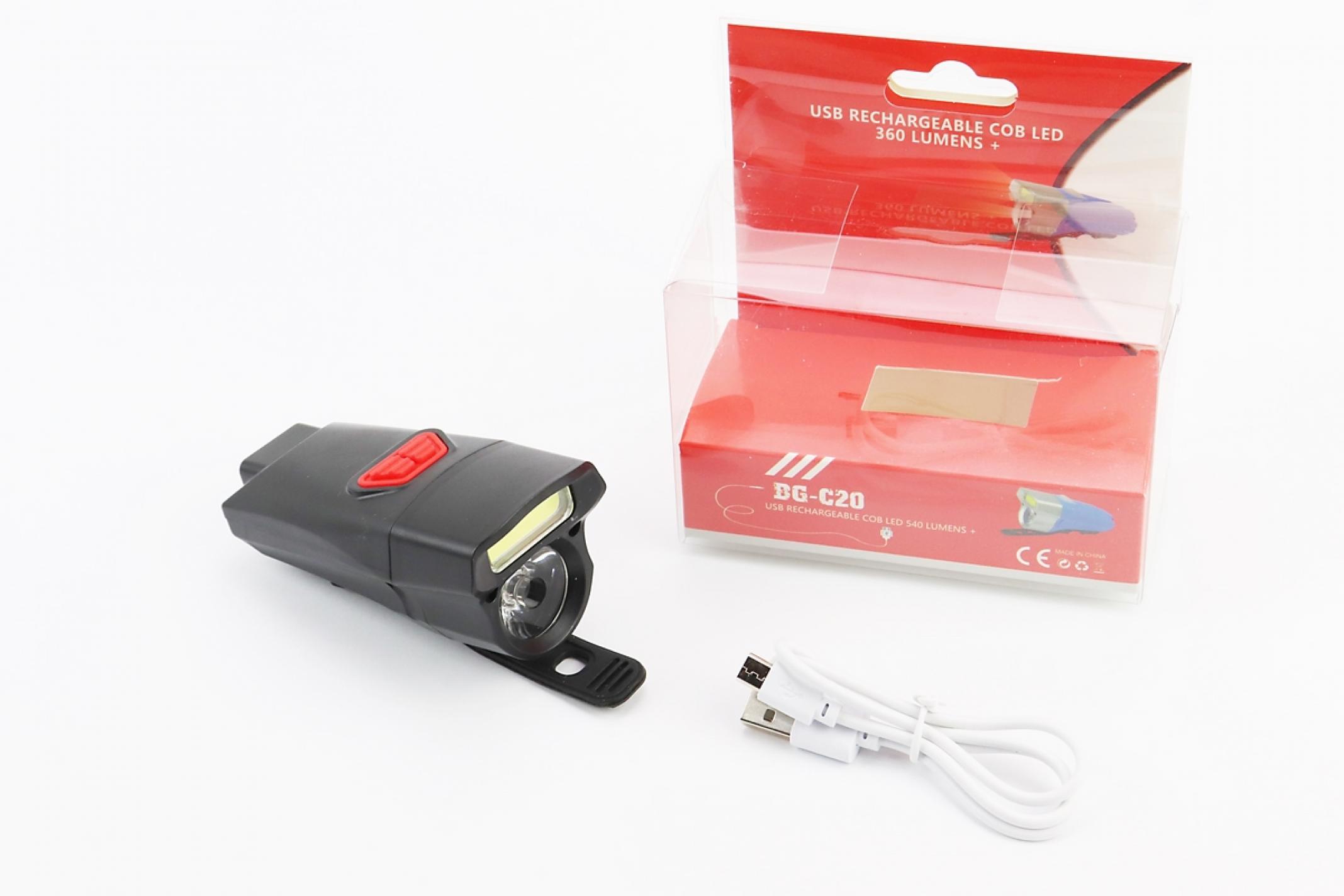 Фонарь передний (в сборе) велосипедный 1+7 диодов 360 lumen, Li-ion 3.7V 500mAh зарядка от USB, влагозащитный, чёрный BG-C20 KS