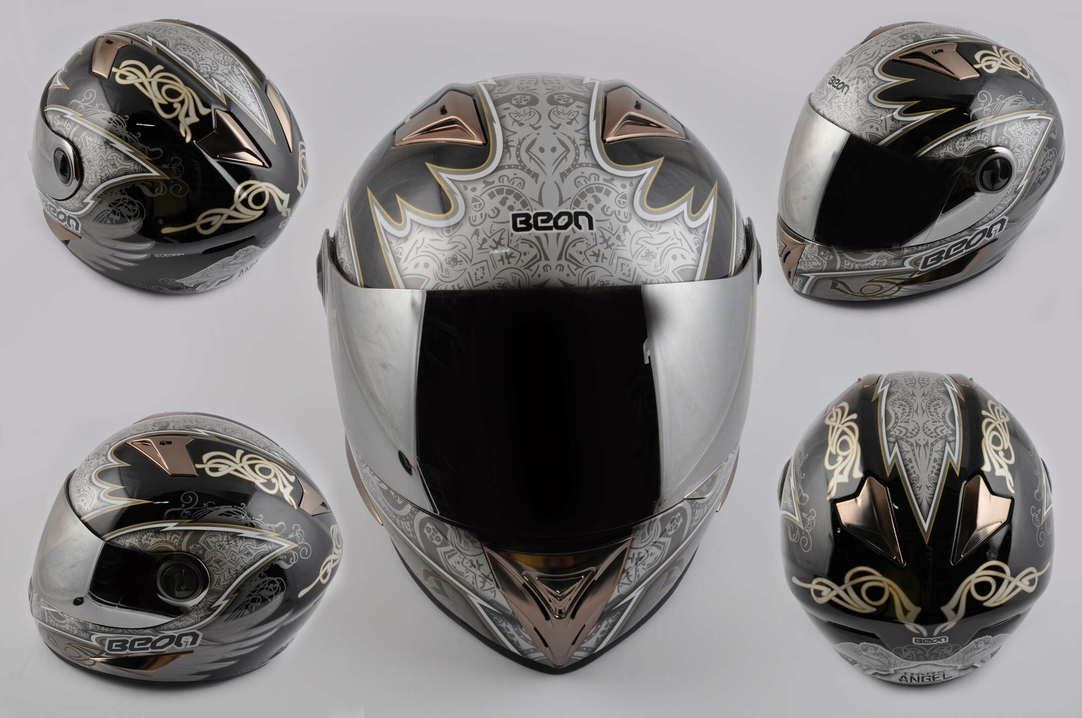Шлем-интеграл (mod:B-500) (size:XL, черно-серый, зеркальный визор, DARK ANGEL) BEON