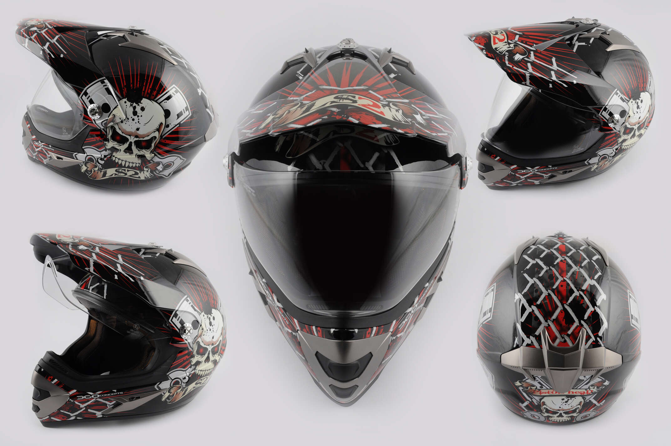 Шлем кроссовый (mod:Skull) (с визором, size:XXL, красный) LS-2
