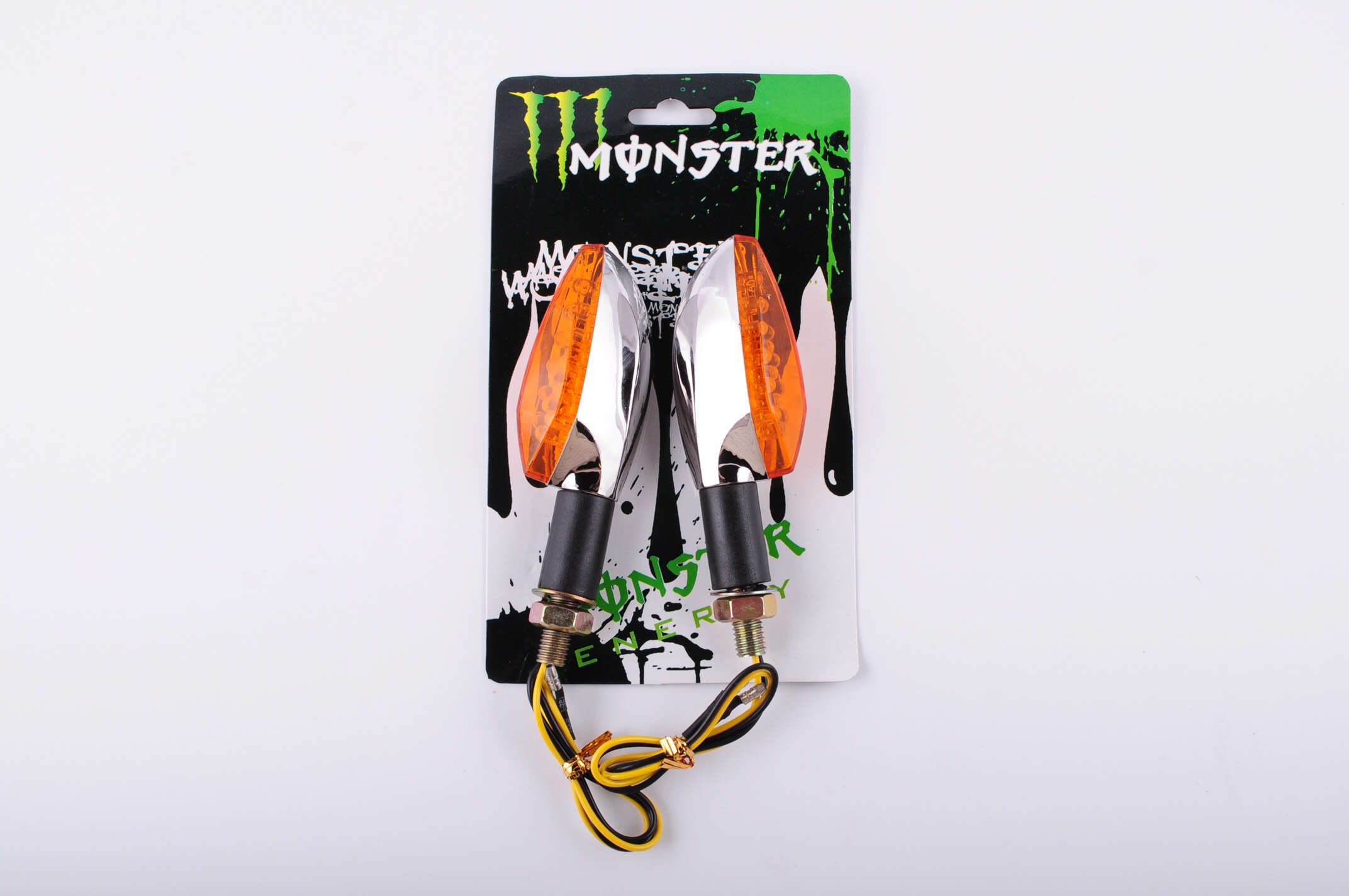 Повороты светодиодные (пара) стреловидные (серебристые, желтое стекло, 11 д.) MONSTER ENERGY
