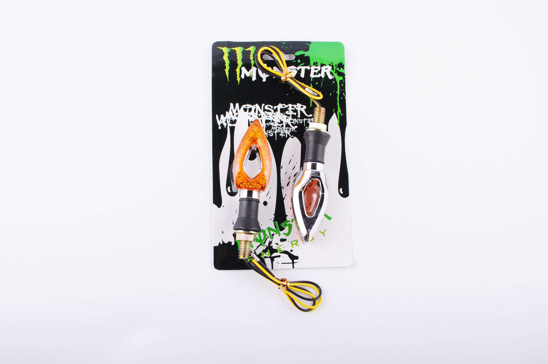 Повороты светодиодные (пара) стреловидные (серебристые, желтое стекло) MONSTER ENERGY