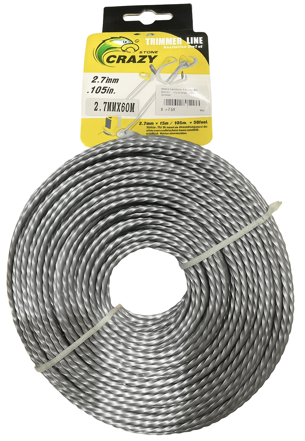 Леска мотокосы Ø2,7mm, 60 метров (косичка, серая) ZHGT