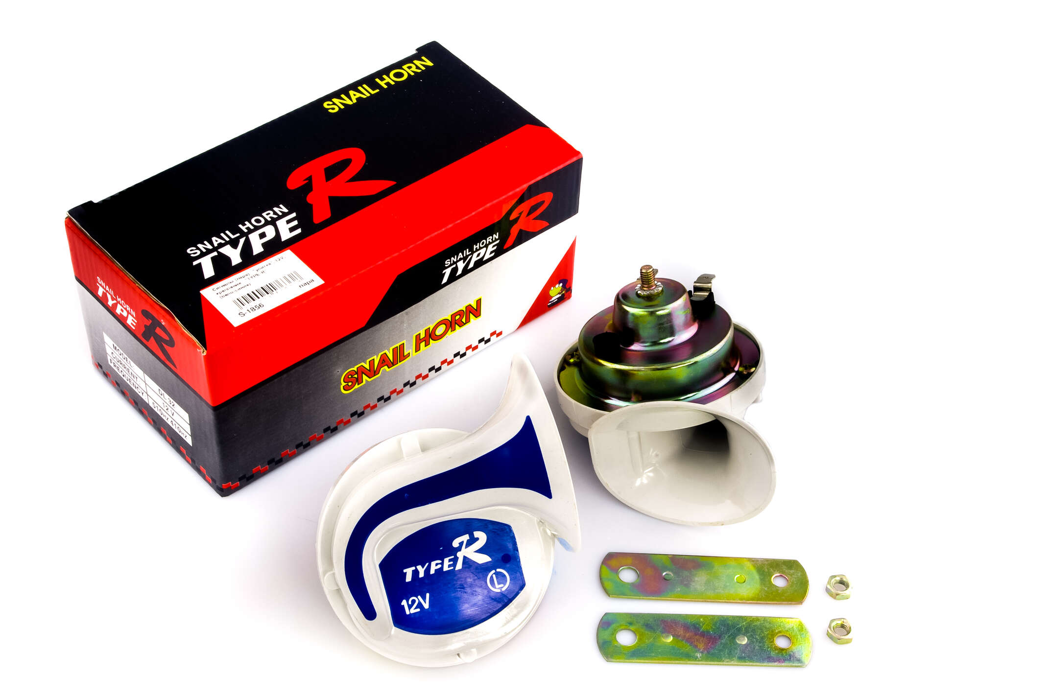 Сигналы (пара) улитка, 12V, крепление (бело-синие) TYPE-R