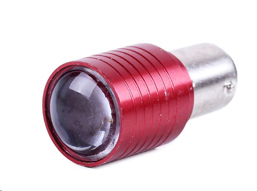 Лампа S25 (двухконтактная, диодная) 12V 5W (стоп, габарит) (красная, ЛИНЗА) AMG