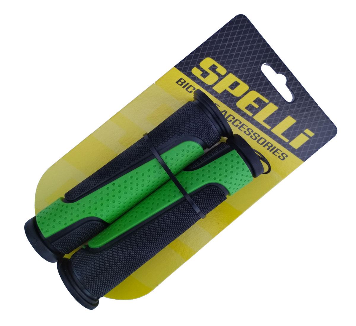 Грипсы (ручки руля) SPELLI SBG-6708L черно/зеленые, прямые, 2-х фактурные, резина-каучук, длина 127 мм BD
