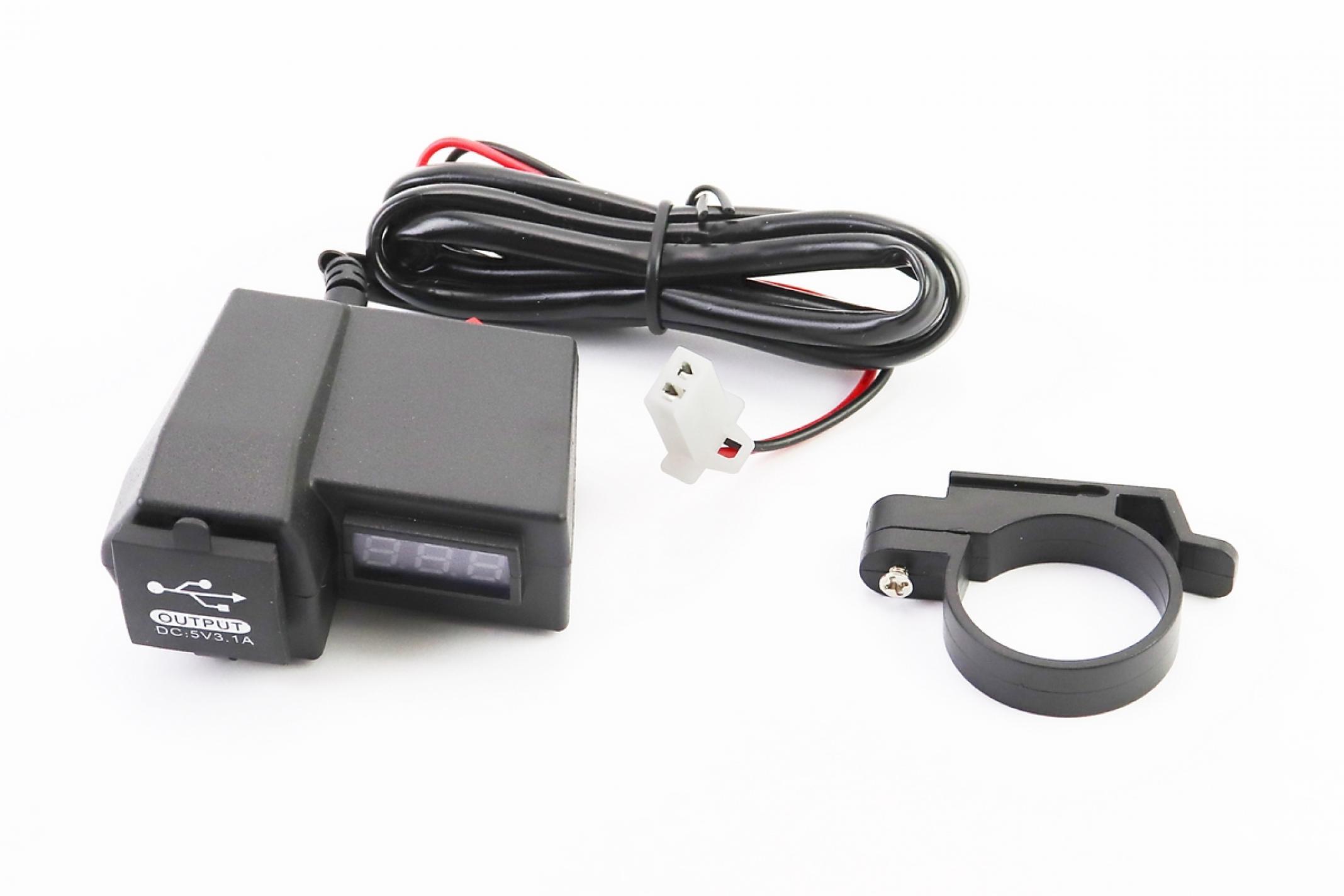 Зарядка USB универсальна на 2 выхода, с кнопкой вкл/выкл + ВОЛЬТМЕТР (крепление на руль) KS