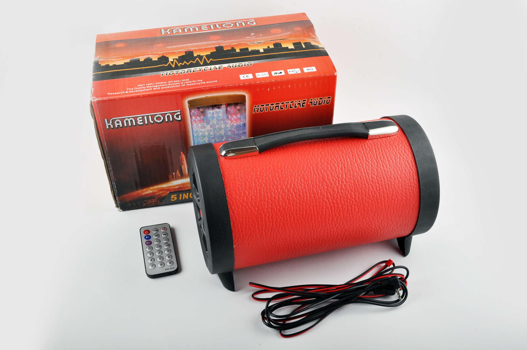 Сабвуфер KAMEILONG mod:KA-75-C-FM-220 (5, червона шкіра, 12V/220V/АКБ, FM/MP3/USB/MicroSD/AUX, ПДУ)