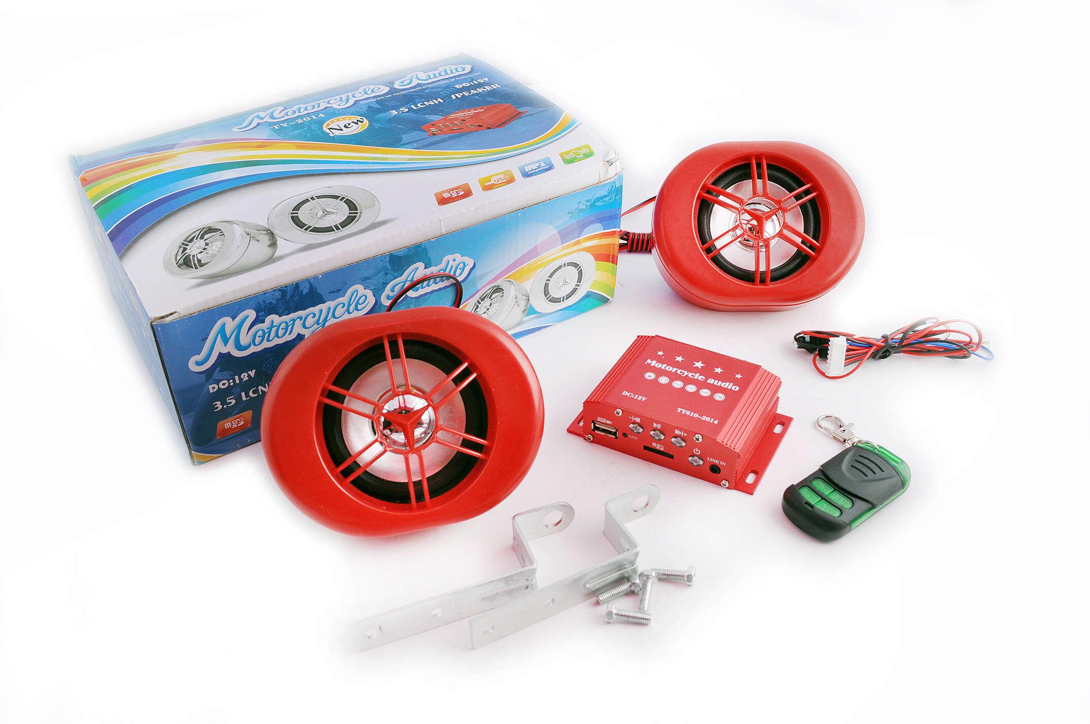 Аудіосистема (3, червона, сигналізація (з пуском), МР3/FM/MicroSD/AUX, LCD, ПДУ)