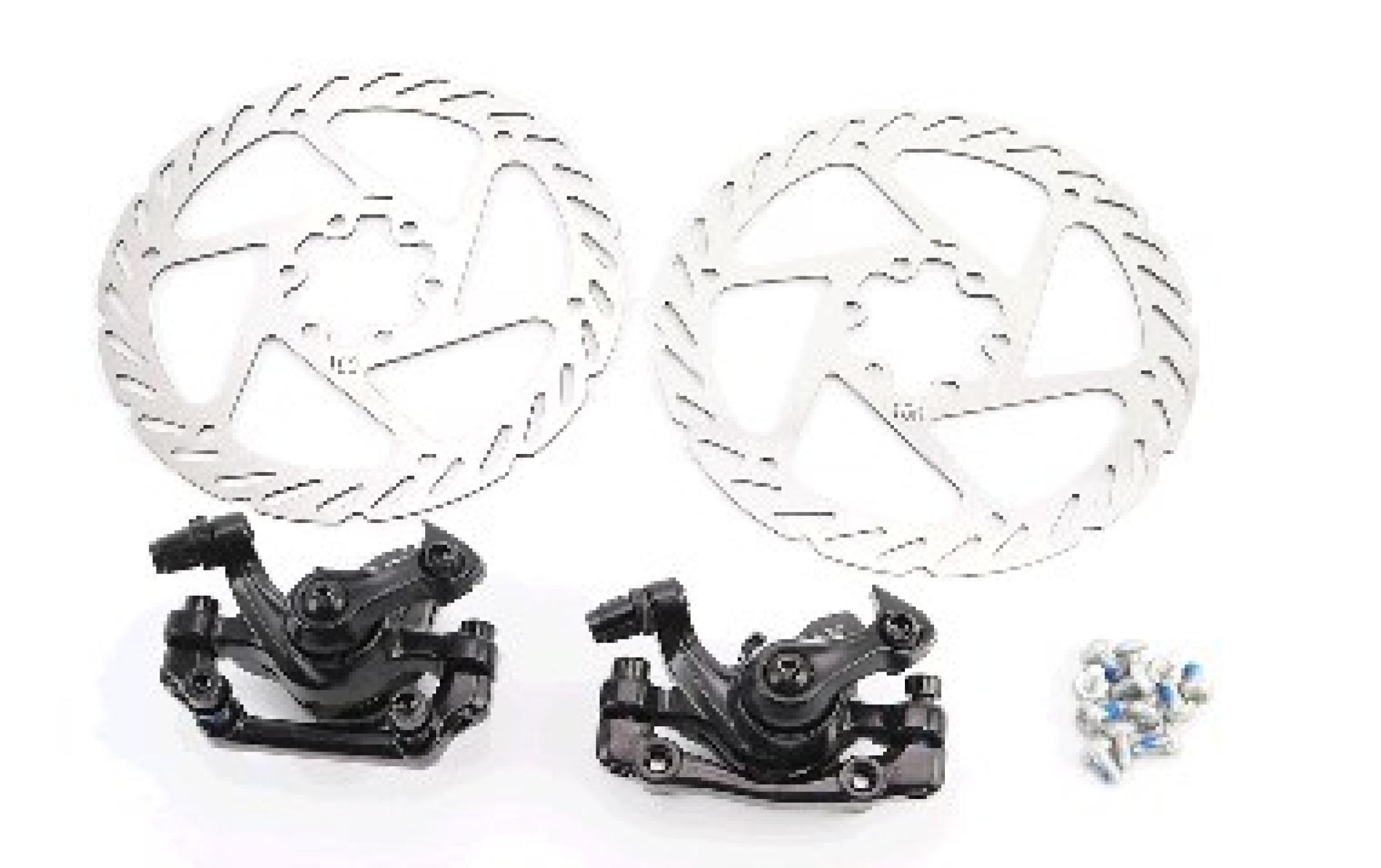 Гальмо Disk-brake переднє (F160/R140мм)+задне (F180/R160мм), диски 160мм, кріпл. 6 болтів, чорний DX-2005