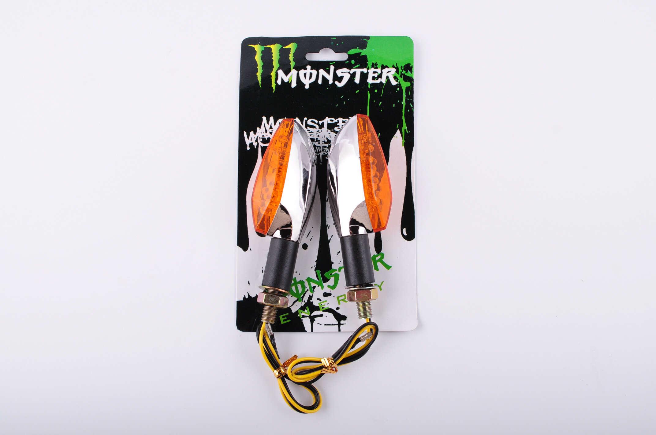 Повороты светодиодные (пара) стреловидные (серебристые, желтое стекло, 11 д.) MONSTER ENERGY